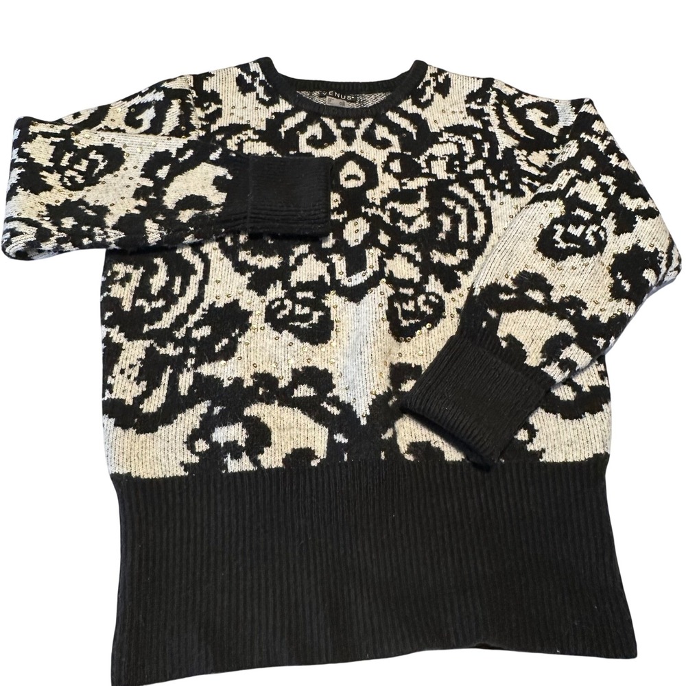 Venus Black White Floral Sequin Knit Sweater‎ Pullover XL Fitted Ribbed